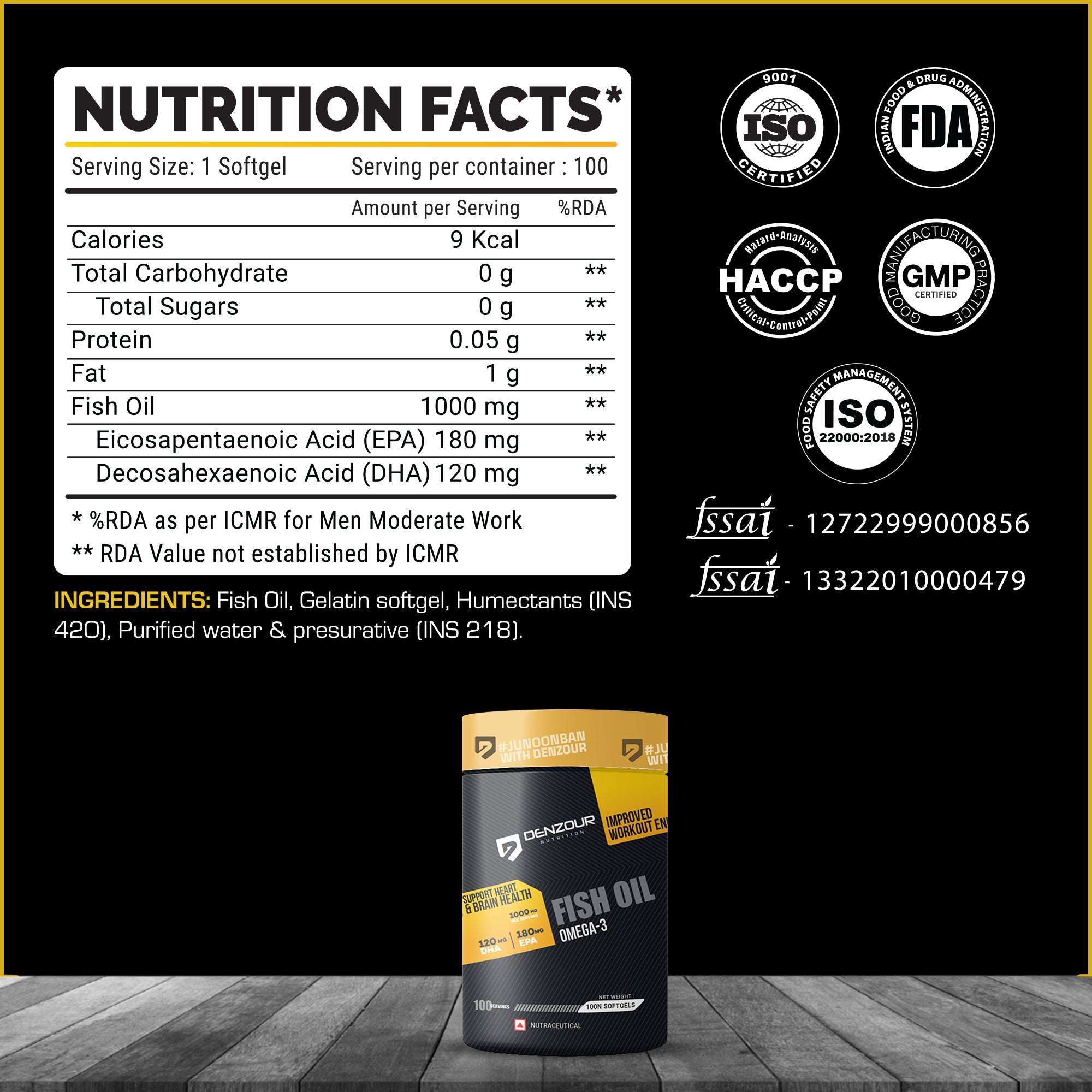 Denzour Omega - 3 Fish Oil | 100 Capsules, Support Heart & Brain Health | 120mg DHA & 180mg EPA