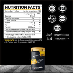 Denzour Omega - 3 Fish Oil | 100 Capsules, Support Heart & Brain Health | 120mg DHA & 180mg EPA