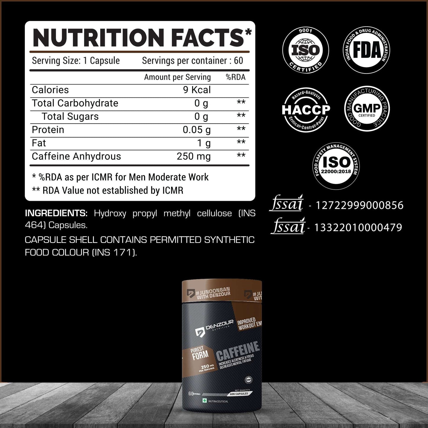 Denzour Caffeine - 60 Capsules | Increases Alertness & Focus | 250mg Per Serving & Purest Form