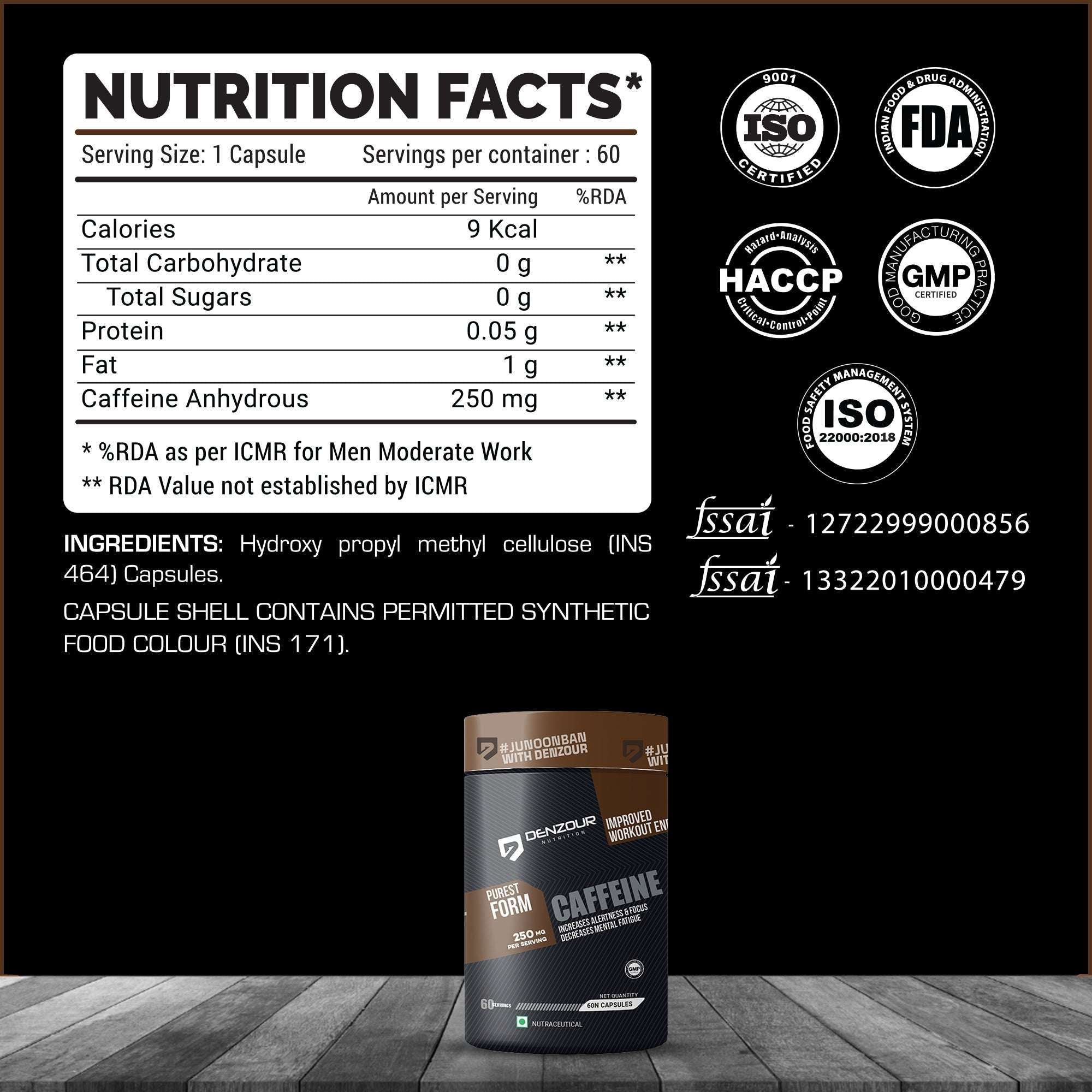 Denzour Caffeine - 60 Capsules | Increases Alertness & Focus | 250mg Per Serving & Purest Form