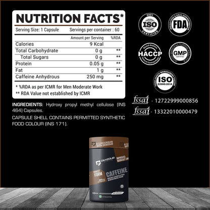 Denzour Caffeine - 60 Capsules | Increases Alertness & Focus | 250mg Per Serving & Purest Form