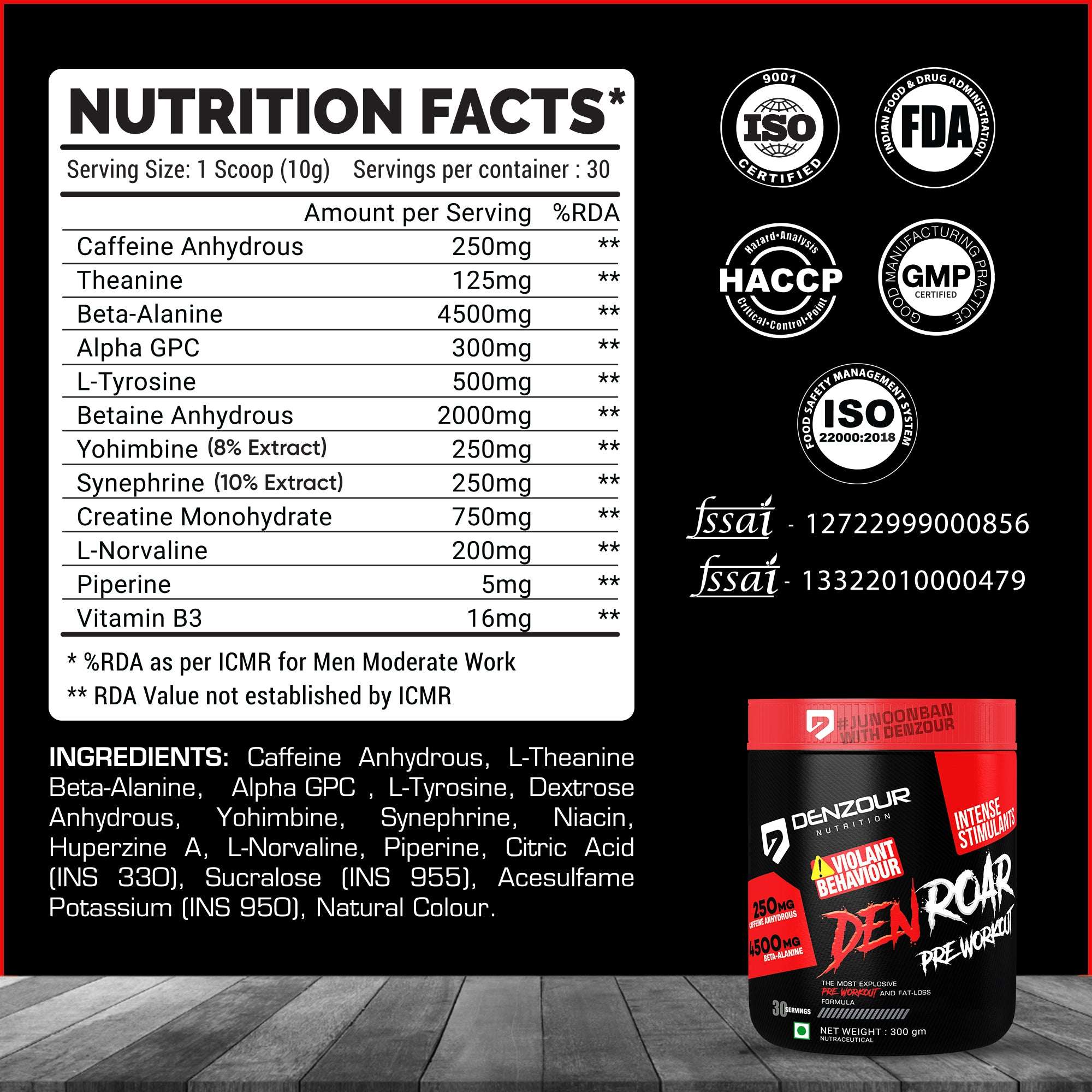 Den Roar Pre-Workout 300g | Quick Muscle Growth | 4500mg Beta - Alanine & 250mg Caffeine