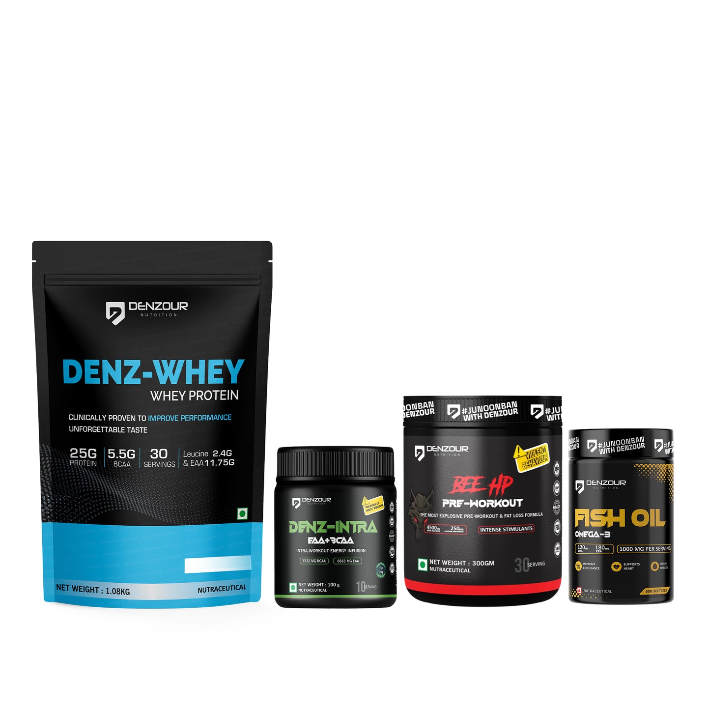 Denz Whey Protein + BEE HP Pre Workout + Denz Intra BCAA +EAA + Omega-3 Fish Oil