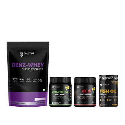 Denz Whey Isolate + BEE HP Pre Workout + Denz Intra + Omega-3 Fish Oil