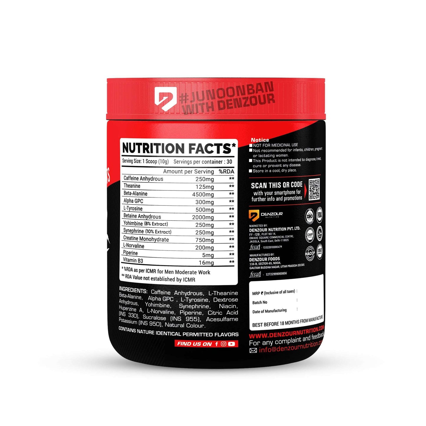 Den Roar Pre-Workout 300g | Quick Muscle Growth | 4500mg Beta - Alanine & 250mg Caffeine