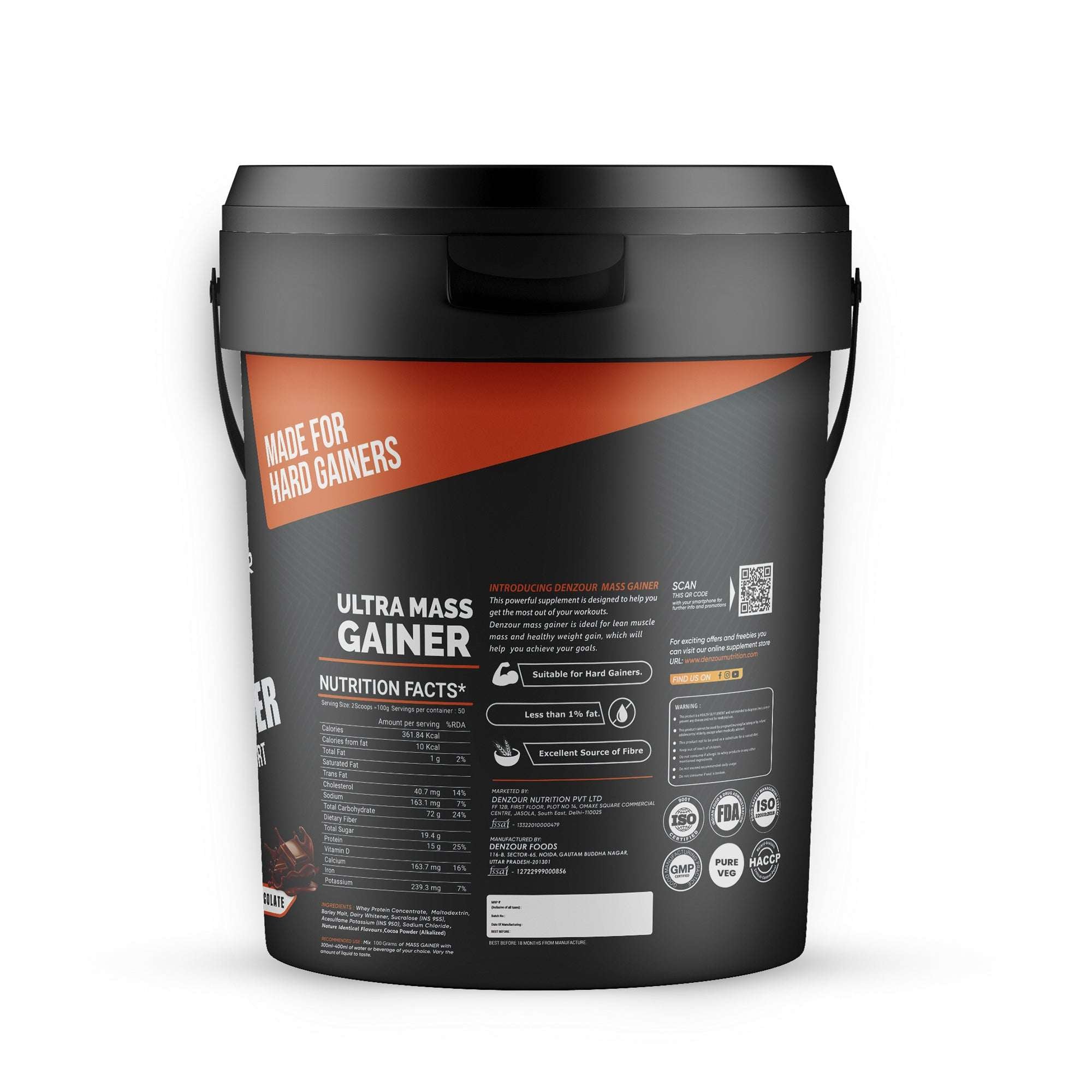 Denzour Mass Gainer 5Kg (11 Lb) | Protein Powder | 72g Carbs, 361 Kcal & Protein 15g