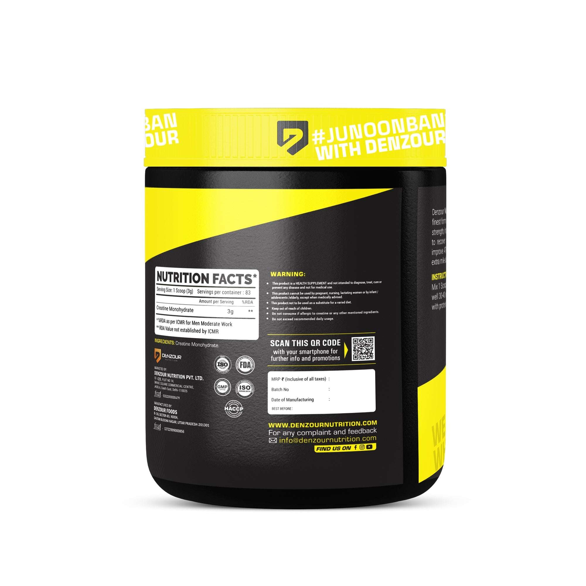 Denzour Creatine Monohydrate  Powder - 250gm | Improve Strength | Unflavoured, 83 Servings