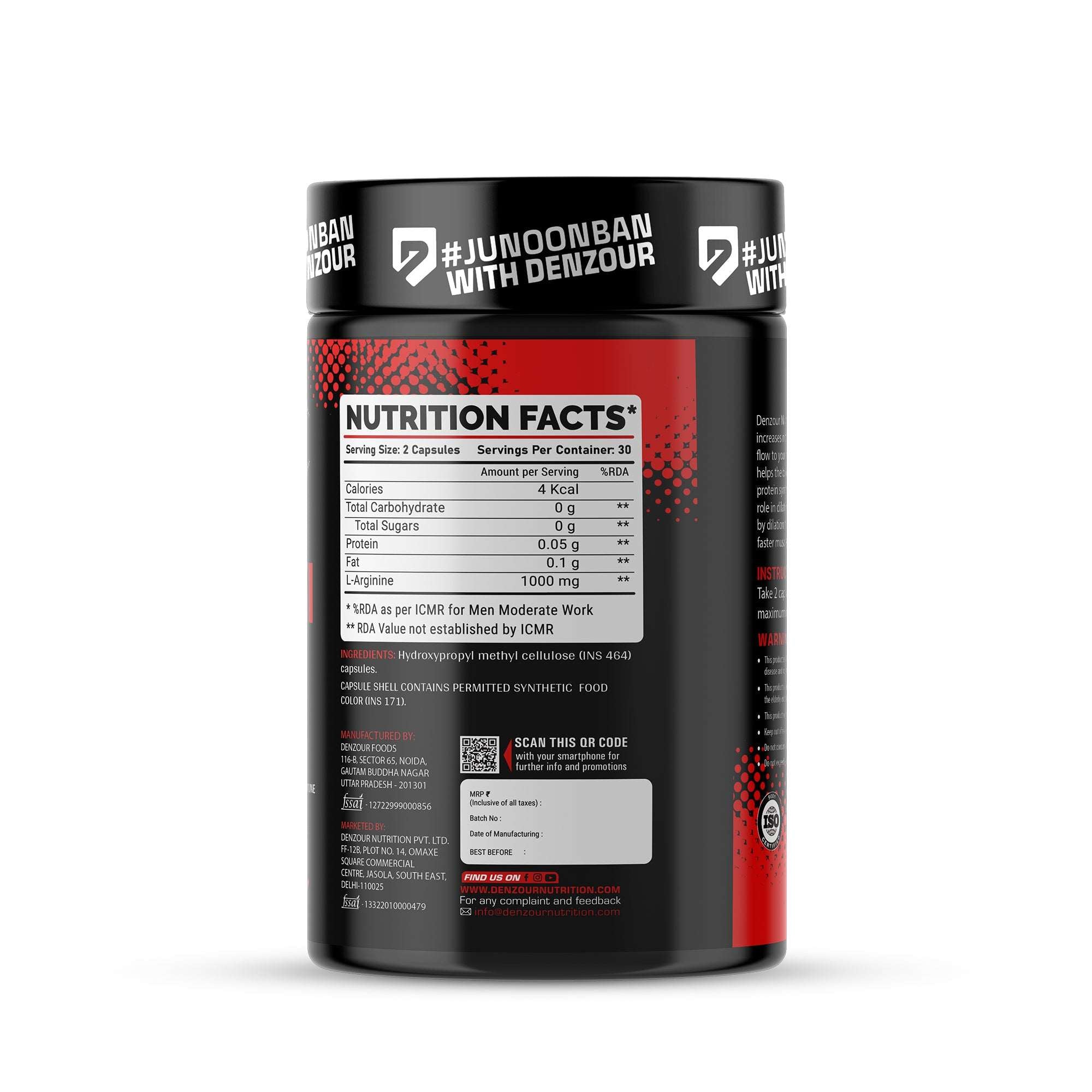 Denz-Argi L-Arginine | 60 Capsules & 100% Purest Form | Muscle Growth Supports | 1000mg Per Serving