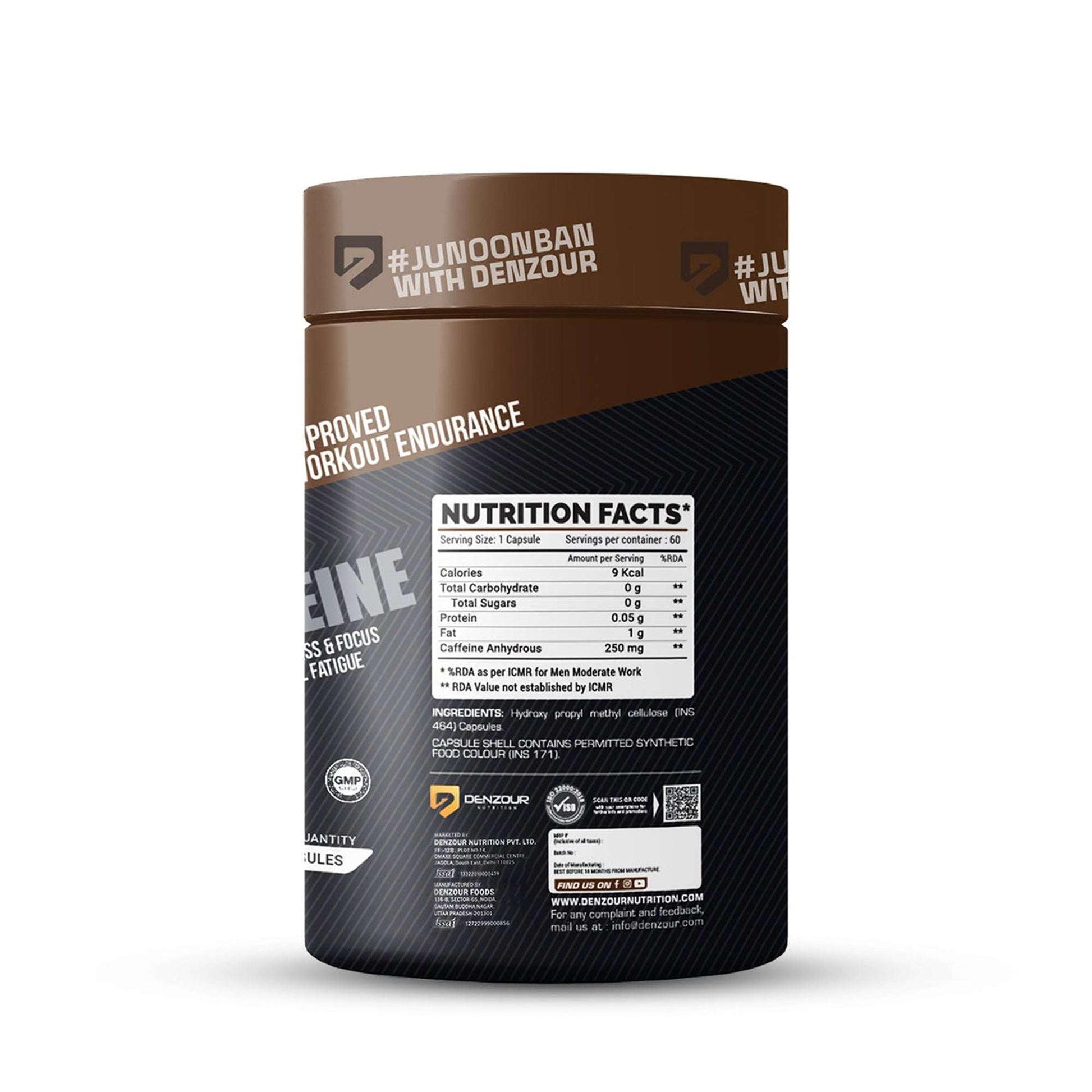 Denzour Caffeine - 60 Capsules | Increases Alertness & Focus | 250mg Per Serving & Purest Form