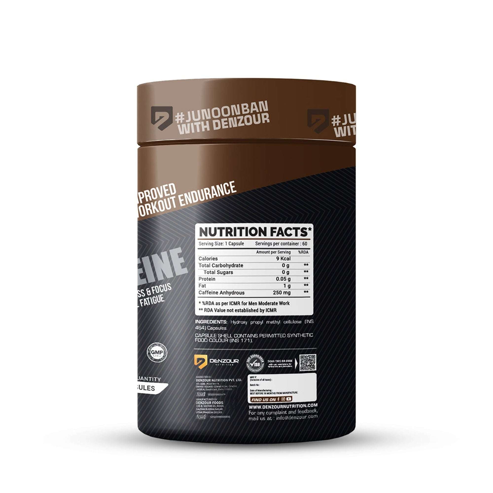 Denzour Caffeine - 60 Capsules | Increases Alertness & Focus | 250mg Per Serving & Purest Form