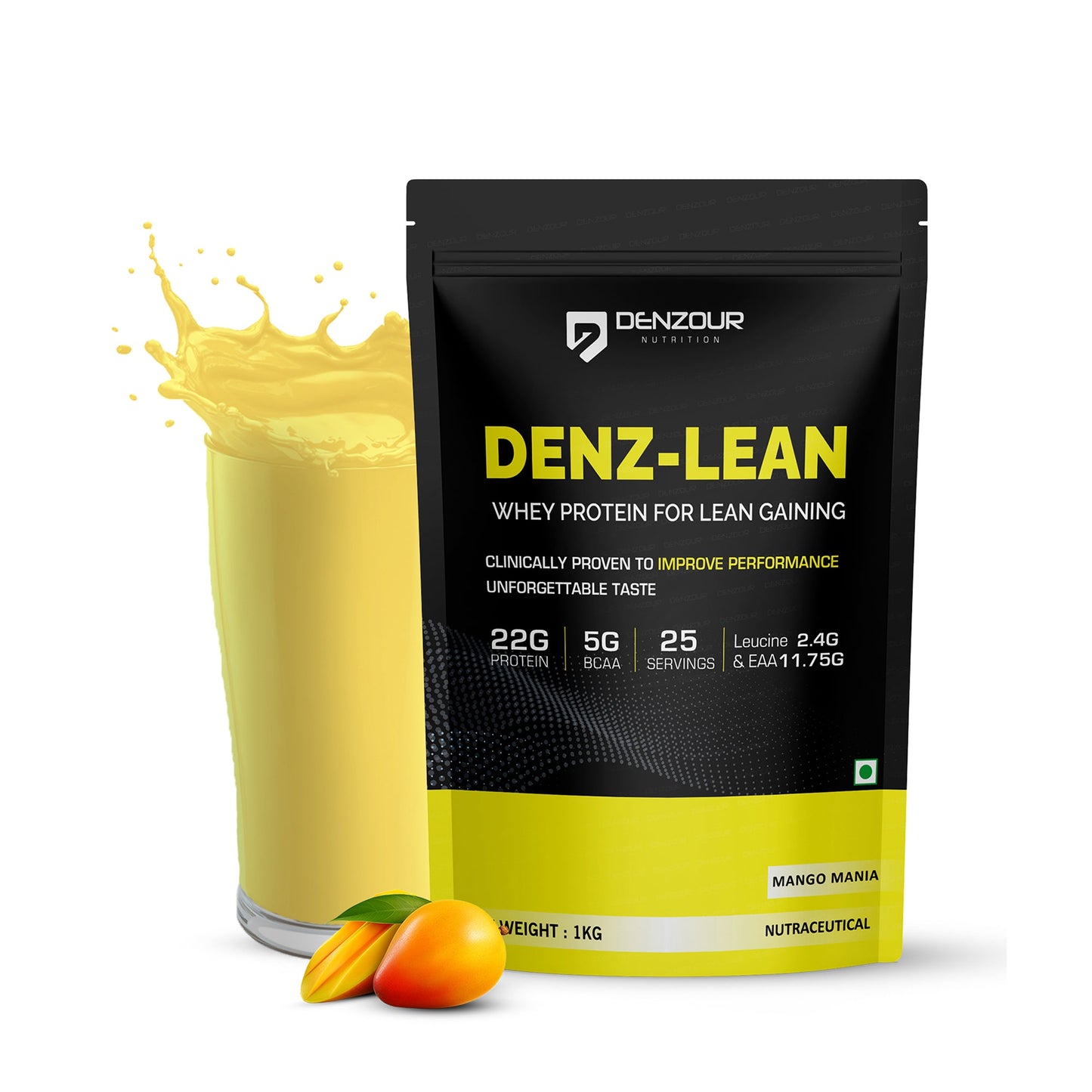 🎁 Denz-Lean Whey Protein For Lean Gaining | 22g Protein & 5g BCAA | 1 Serving (40g) - Mango Mania / Pack of 1 (25 Servings)