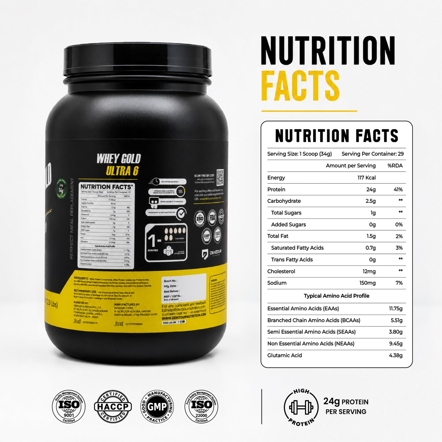 Denzour Whey Gold Ultra 6 High Quality Protein Powder | 1.05Kg & Enhanced Strength