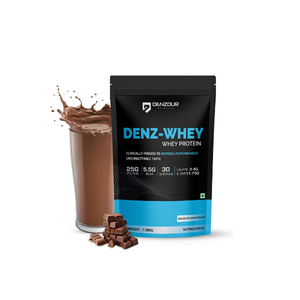 Denzour Denz-Whey whey protein package with a glass of chocolate protein shake and protein powder cubes on a white background.
