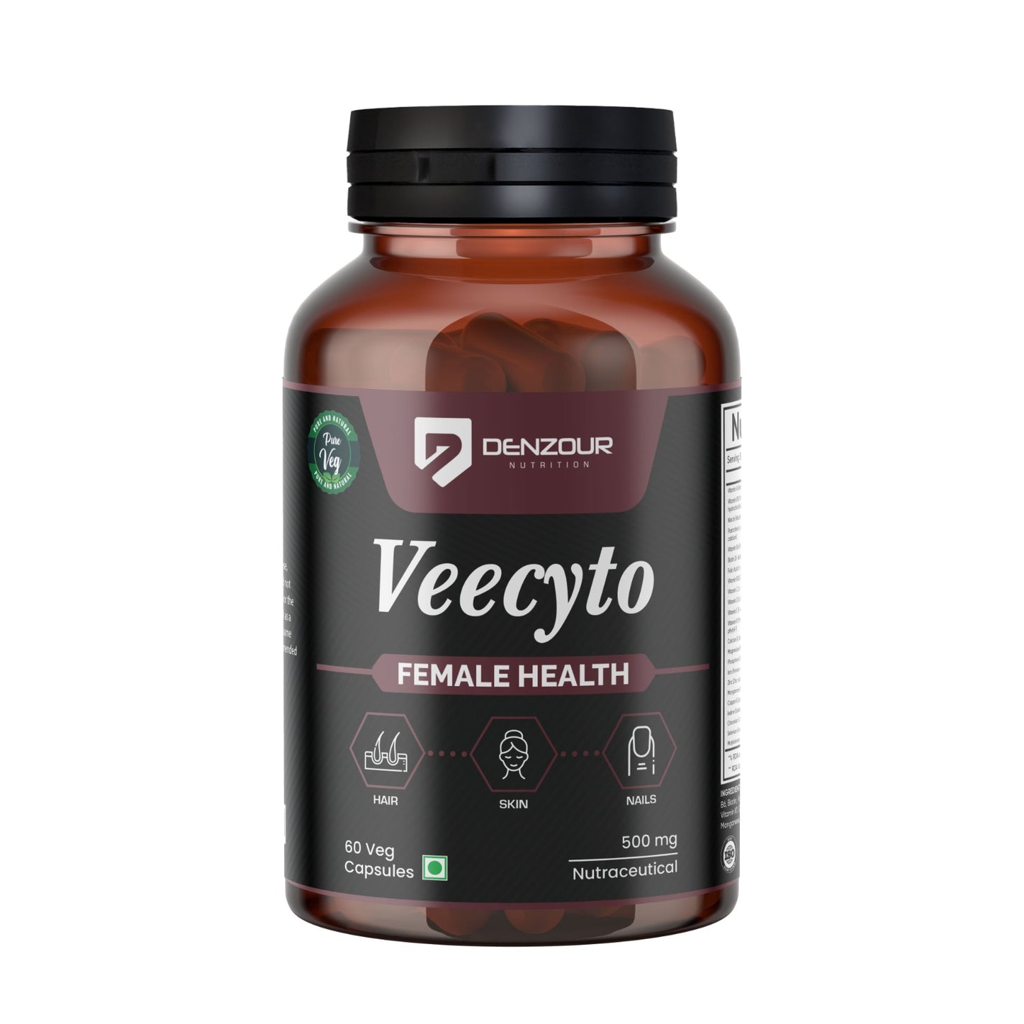 Denzour Veecyto Female Health Supplement | 60 Veg Capsules | For Hair, Skin & Nails