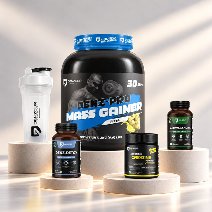 Mass Gainer 3kg Combo with Creatine & Shaker &  Ashwagandha & Liver Detox | Denzour
